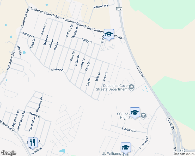 map of restaurants, bars, coffee shops, grocery stores, and more near 2101 Mike Drive in Copperas Cove