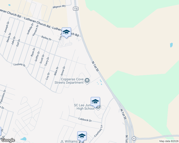 map of restaurants, bars, coffee shops, grocery stores, and more near 1601 North 1st Street in Copperas Cove