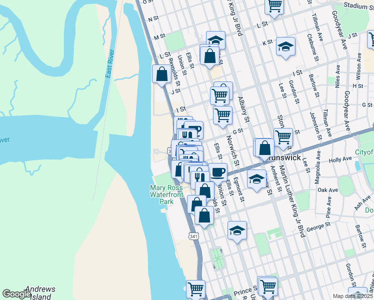 map of restaurants, bars, coffee shops, grocery stores, and more near 1628 Newcastle Street in Brunswick