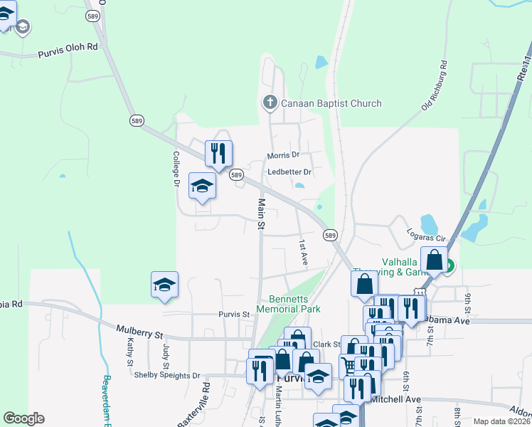 map of restaurants, bars, coffee shops, grocery stores, and more near 807 Main Street in Purvis