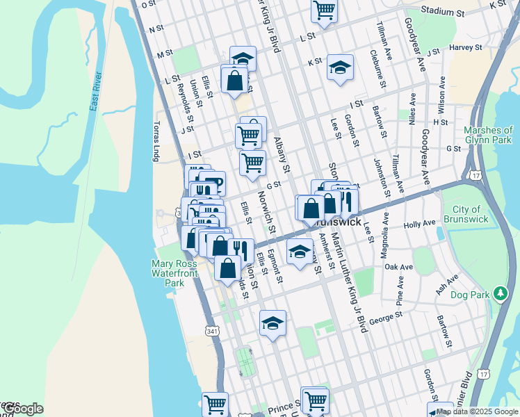 map of restaurants, bars, coffee shops, grocery stores, and more near 1608 Norwich Street in Brunswick