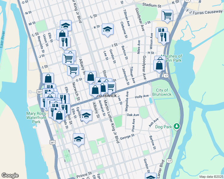 map of restaurants, bars, coffee shops, grocery stores, and more near 1517 Stonewall Street in Brunswick