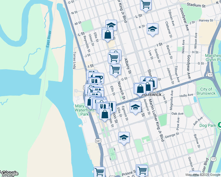 map of restaurants, bars, coffee shops, grocery stores, and more near 1621 Ellis Street in Brunswick