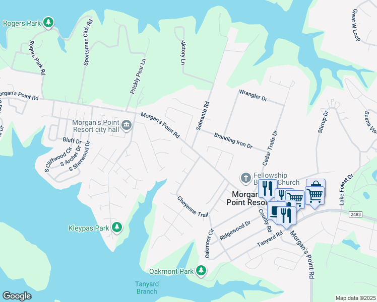 map of restaurants, bars, coffee shops, grocery stores, and more near 2509 Morgan's Point Road in Belton