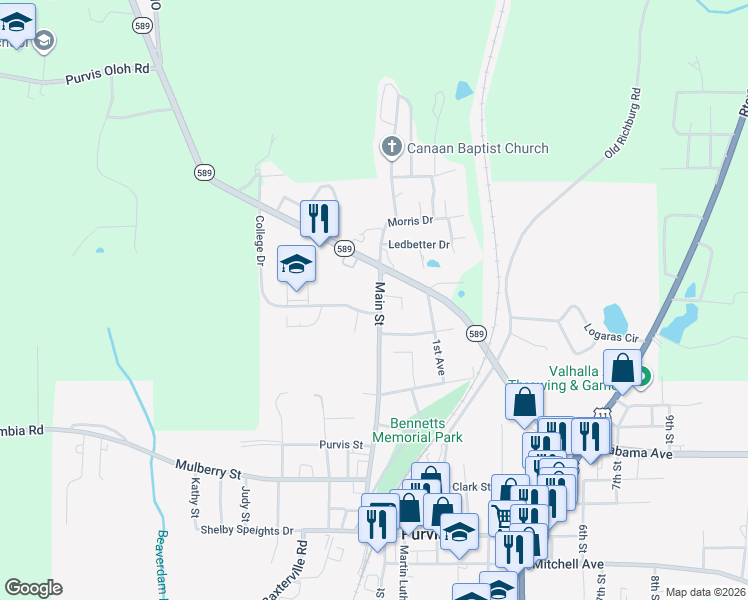 map of restaurants, bars, coffee shops, grocery stores, and more near 807 Main Street in Purvis