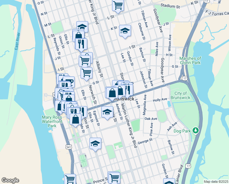 map of restaurants, bars, coffee shops, grocery stores, and more near 1522 Amherst Street in Brunswick