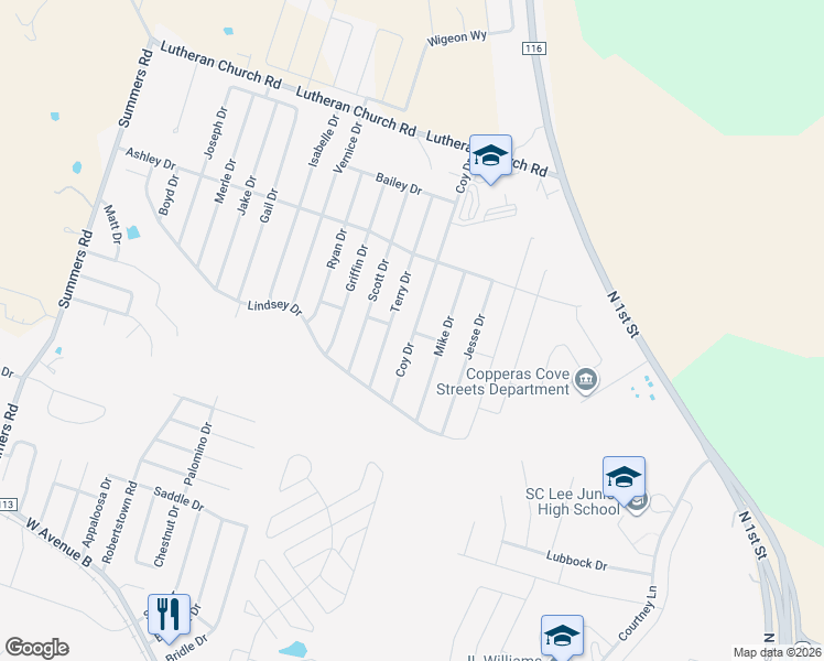 map of restaurants, bars, coffee shops, grocery stores, and more near 2009 Coy Drive in Copperas Cove