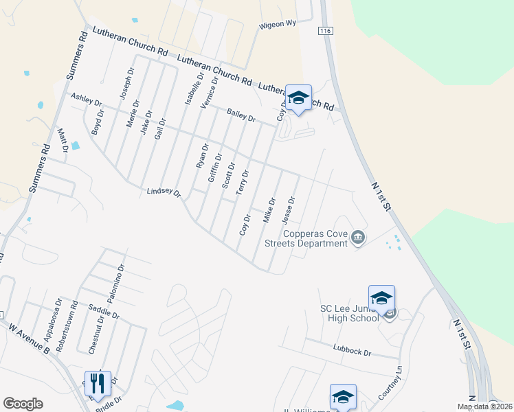 map of restaurants, bars, coffee shops, grocery stores, and more near 2009 Coy Drive in Copperas Cove