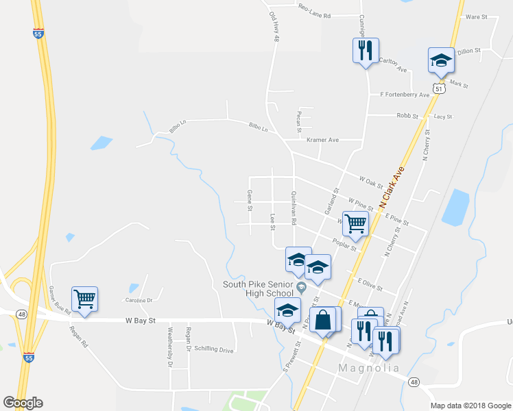 map of restaurants, bars, coffee shops, grocery stores, and more near 515 West Holly Street in Magnolia