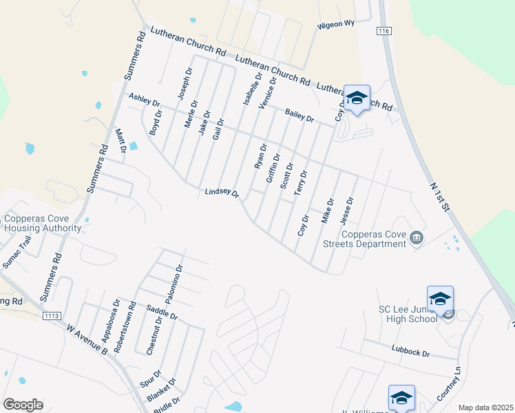 map of restaurants, bars, coffee shops, grocery stores, and more near 1905 Griffin Drive in Copperas Cove
