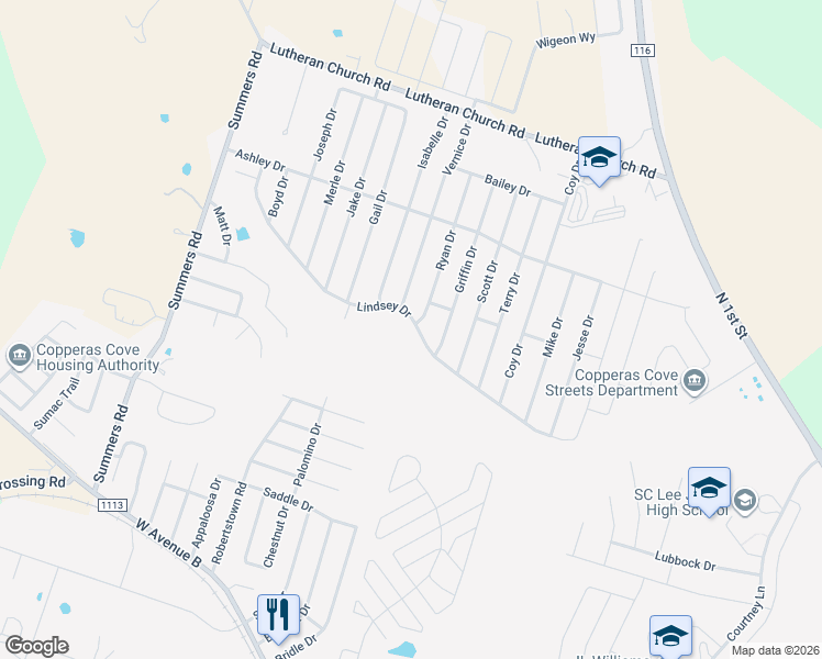 map of restaurants, bars, coffee shops, grocery stores, and more near 2203 Lindsey Drive in Copperas Cove
