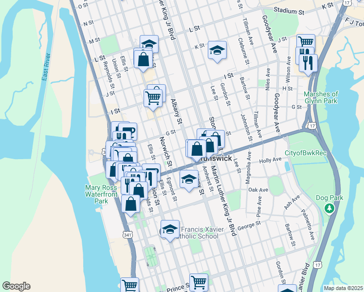 map of restaurants, bars, coffee shops, grocery stores, and more near 1203 F Street in Brunswick