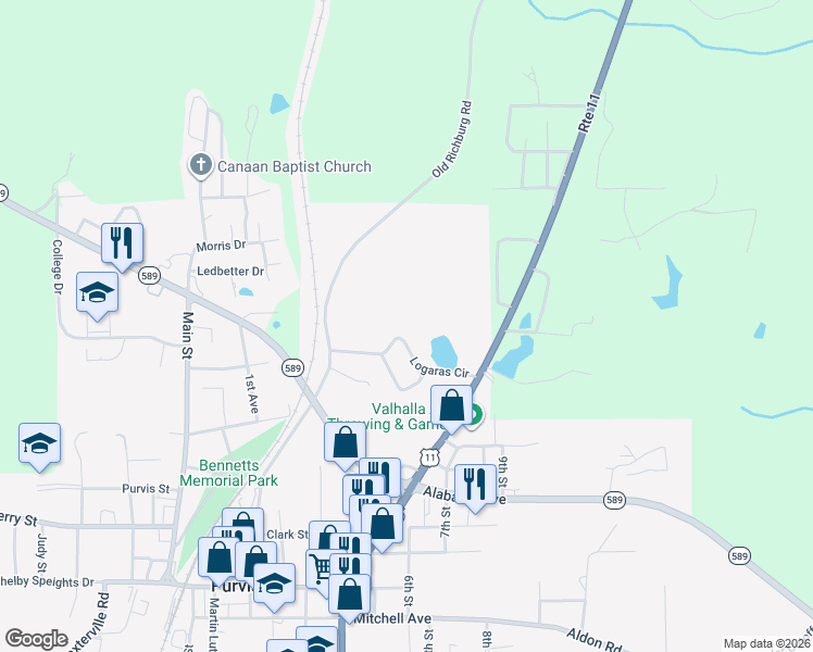 map of restaurants, bars, coffee shops, grocery stores, and more near 70 Logaras Cir in Purvis