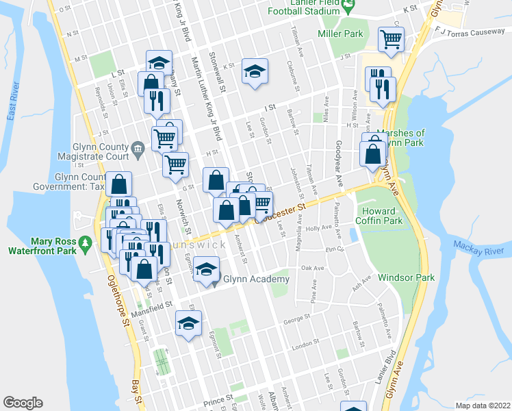 map of restaurants, bars, coffee shops, grocery stores, and more near 1517 Stonewall Street in Brunswick