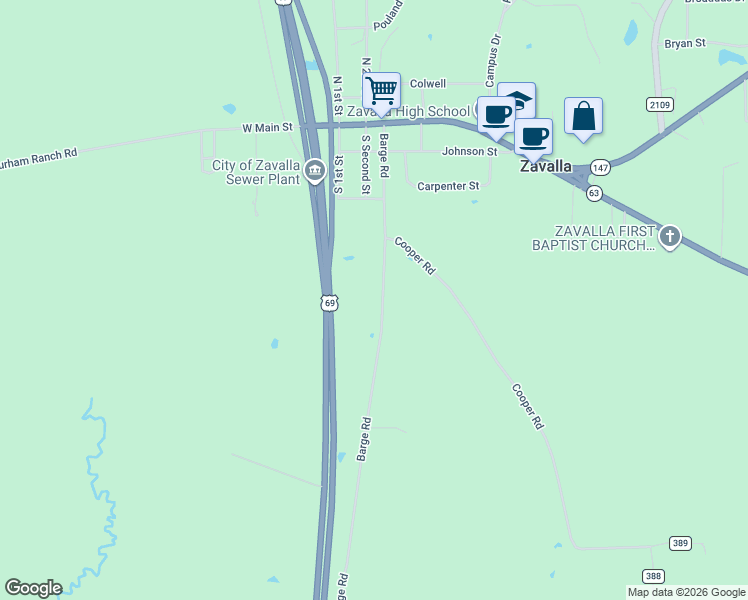 map of restaurants, bars, coffee shops, grocery stores, and more near 550 Barge Road in Zavalla