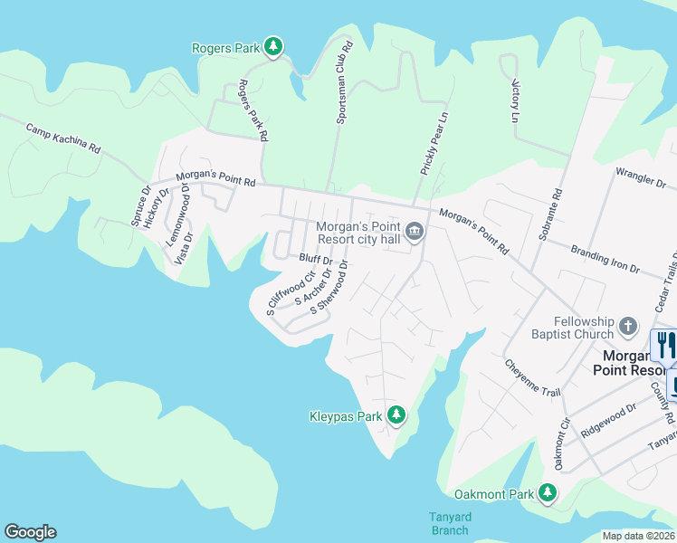 map of restaurants, bars, coffee shops, grocery stores, and more near 15 South Sherwood Drive in Morgan's Point Resort