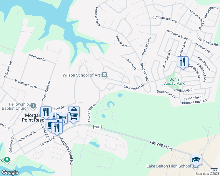 map of restaurants, bars, coffee shops, grocery stores, and more near 26 Quail Loop in Morgan's Point Resort