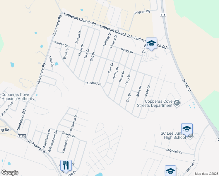 map of restaurants, bars, coffee shops, grocery stores, and more near 2001 Griffin Drive in Copperas Cove