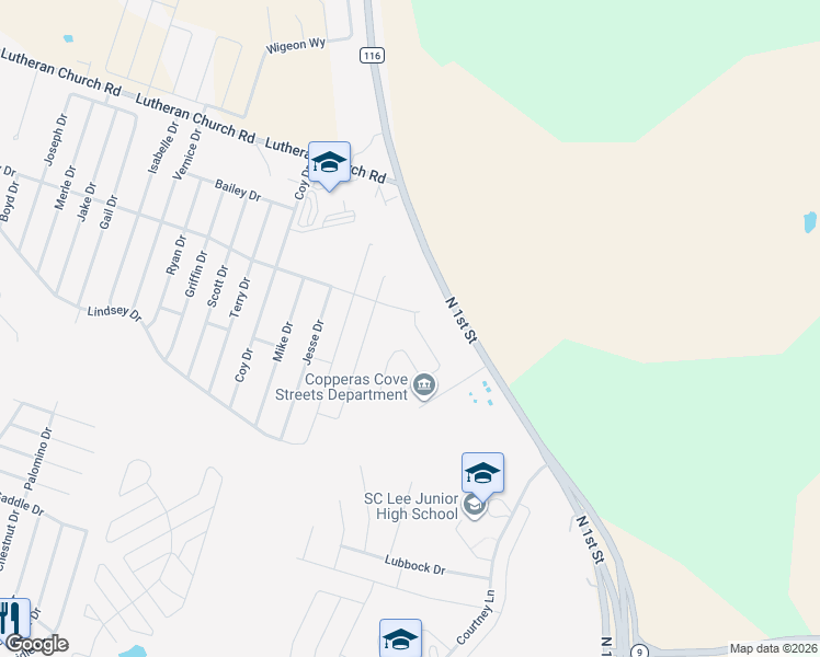 map of restaurants, bars, coffee shops, grocery stores, and more near 1601 North 1st Street in Copperas Cove