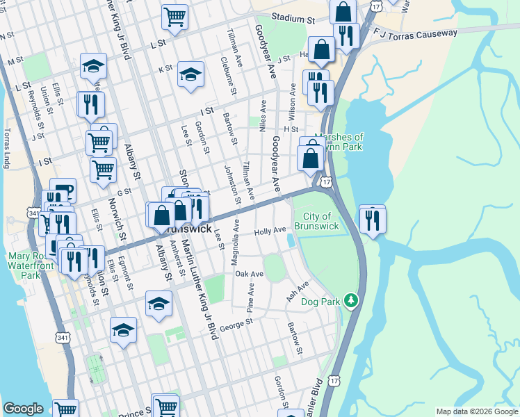 map of restaurants, bars, coffee shops, grocery stores, and more near 2000 Gloucester St in Brunswick