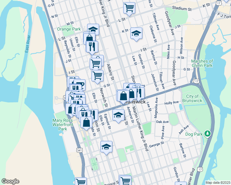map of restaurants, bars, coffee shops, grocery stores, and more near 1203 F St in Brunswick