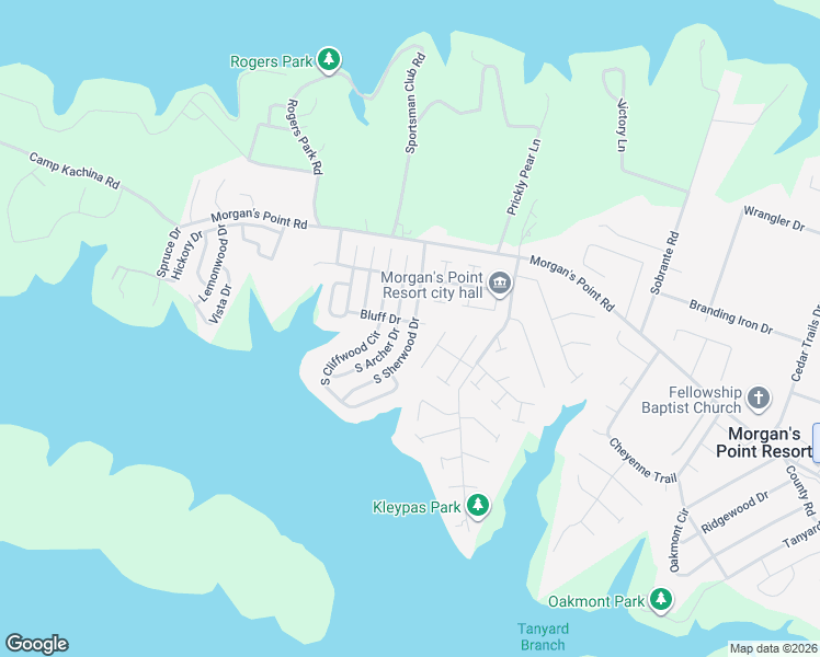 map of restaurants, bars, coffee shops, grocery stores, and more near 15 South Sherwood Drive in Morgan's Point Resort