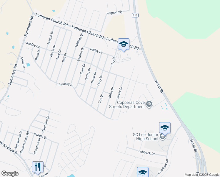 map of restaurants, bars, coffee shops, grocery stores, and more near 2104 Mike Drive in Copperas Cove