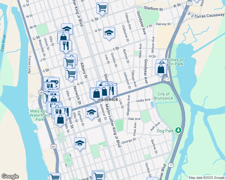 map of restaurants, bars, coffee shops, grocery stores, and more near 1517 Stonewall Street in Brunswick