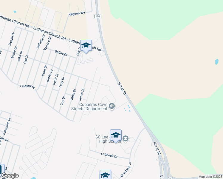 map of restaurants, bars, coffee shops, grocery stores, and more near 1601 North 1st Street in Copperas Cove