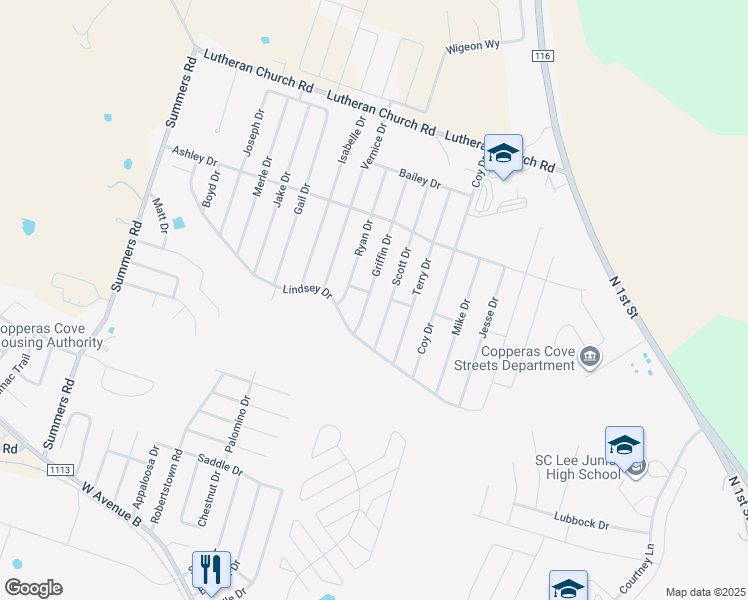 map of restaurants, bars, coffee shops, grocery stores, and more near 2001 Griffin Drive in Copperas Cove