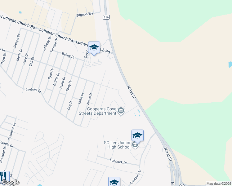 map of restaurants, bars, coffee shops, grocery stores, and more near 1601 North 1st Street in Copperas Cove