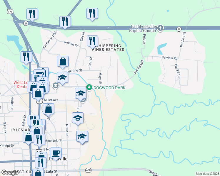 map of restaurants, bars, coffee shops, grocery stores, and more near 805 Belview Road in Leesville