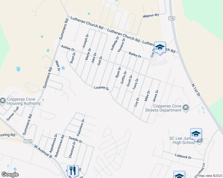 map of restaurants, bars, coffee shops, grocery stores, and more near 2001 Ryan Drive in Copperas Cove