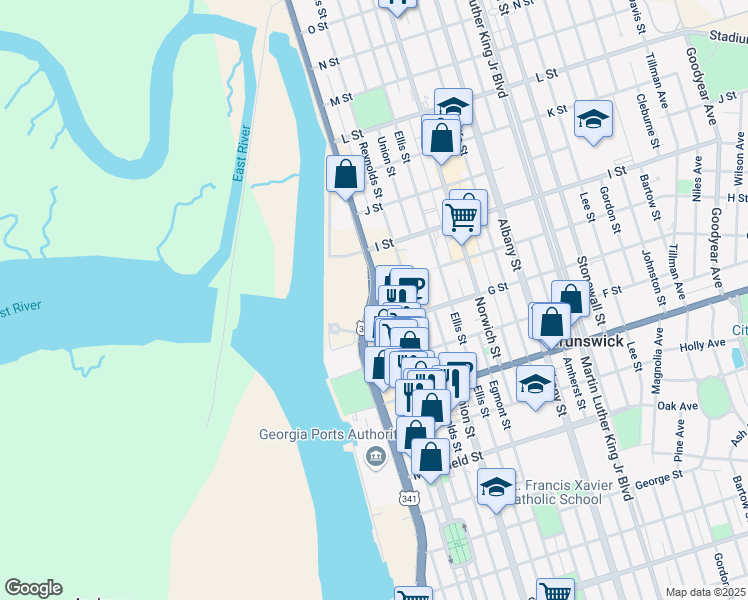 map of restaurants, bars, coffee shops, grocery stores, and more near 650 Bay Street in Brunswick
