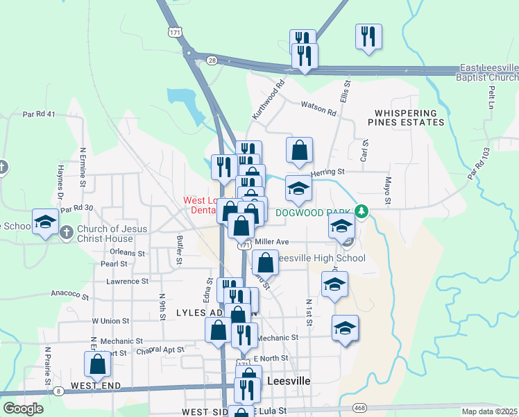 map of restaurants, bars, coffee shops, grocery stores, and more near 203 Belview Road in Leesville