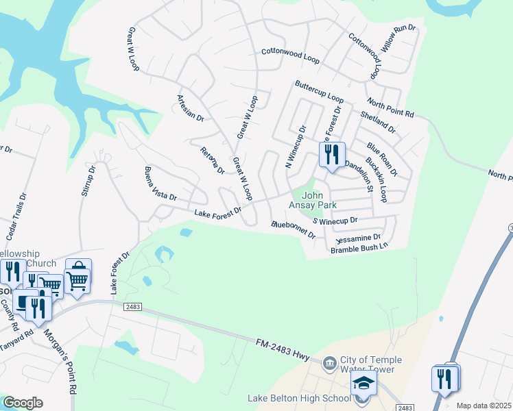 map of restaurants, bars, coffee shops, grocery stores, and more near 40 Market Loop in Belton