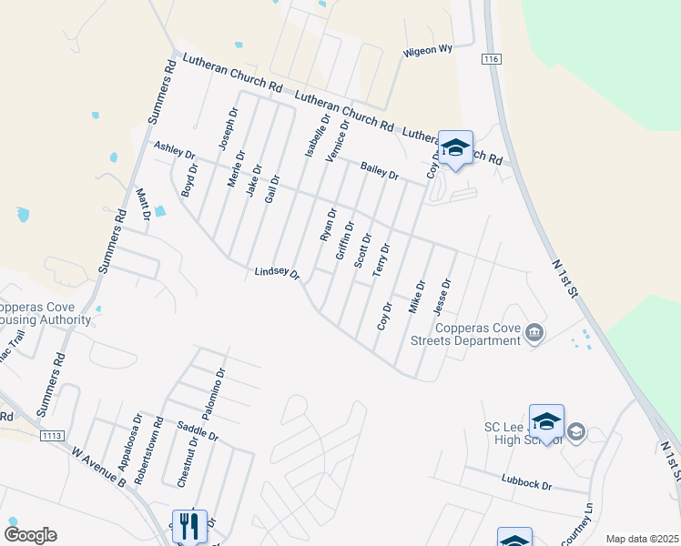 map of restaurants, bars, coffee shops, grocery stores, and more near 2102 Griffin Drive in Copperas Cove