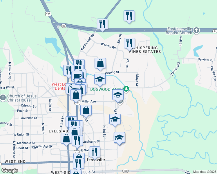 map of restaurants, bars, coffee shops, grocery stores, and more near 308 Belview Road in Leesville