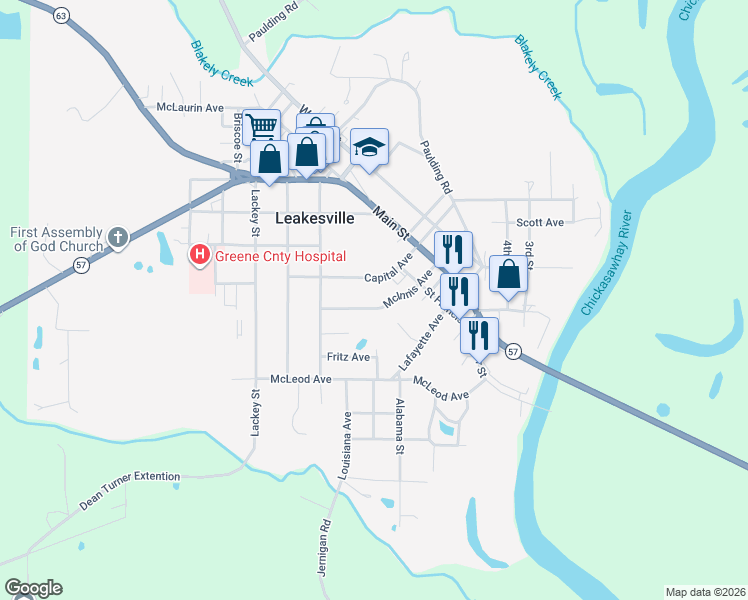 map of restaurants, bars, coffee shops, grocery stores, and more near 503-648 McInnis Avenue in Leakesville