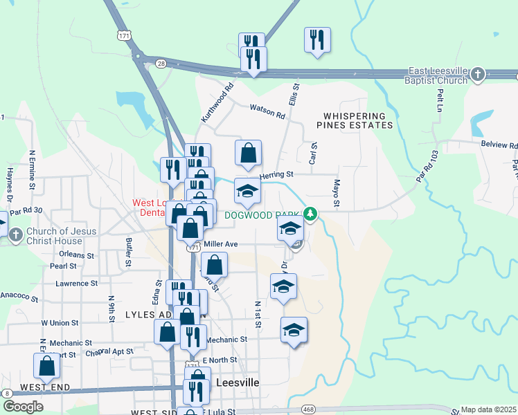 map of restaurants, bars, coffee shops, grocery stores, and more near 308 Belview Road in Leesville