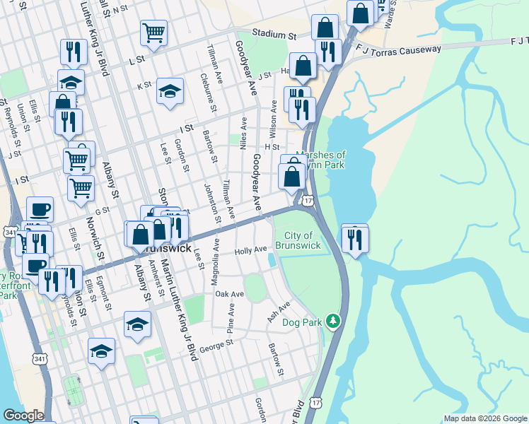 map of restaurants, bars, coffee shops, grocery stores, and more near 2334 Atlanta Avenue in Brunswick