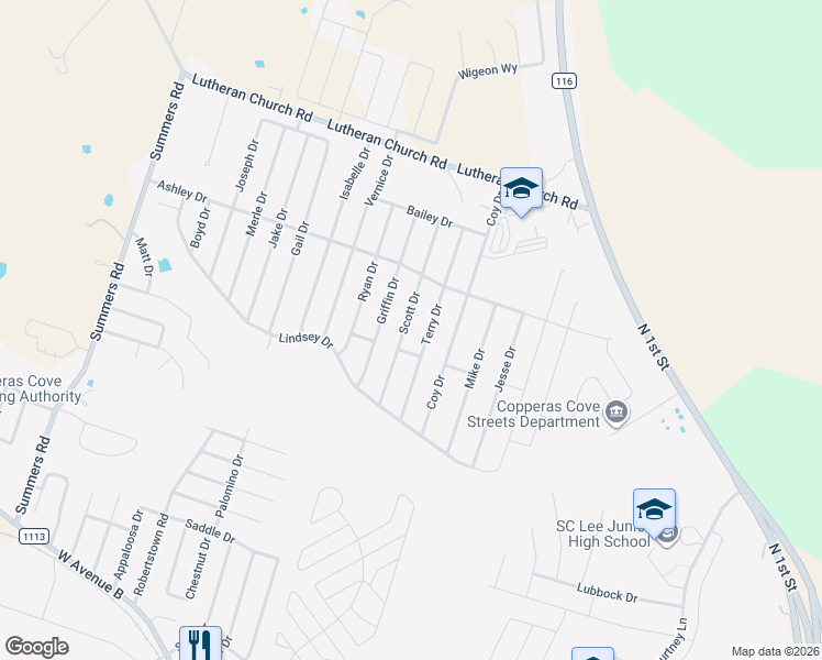 map of restaurants, bars, coffee shops, grocery stores, and more near 2205 Scott Drive in Copperas Cove