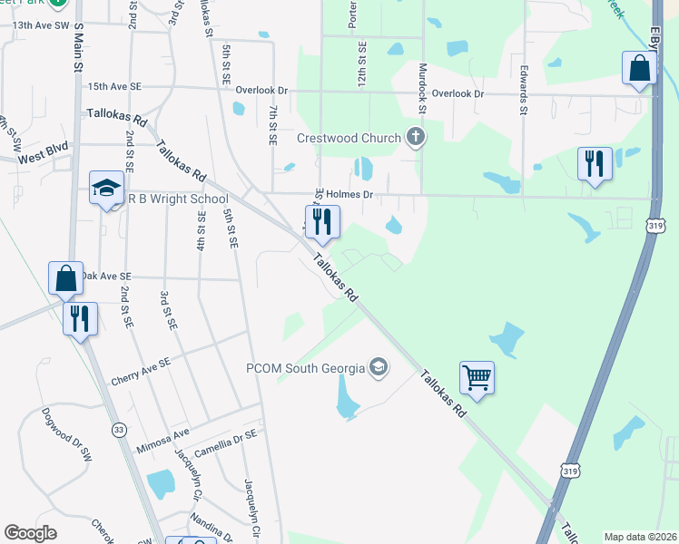 map of restaurants, bars, coffee shops, grocery stores, and more near 1885 Tallokas Road in Moultrie