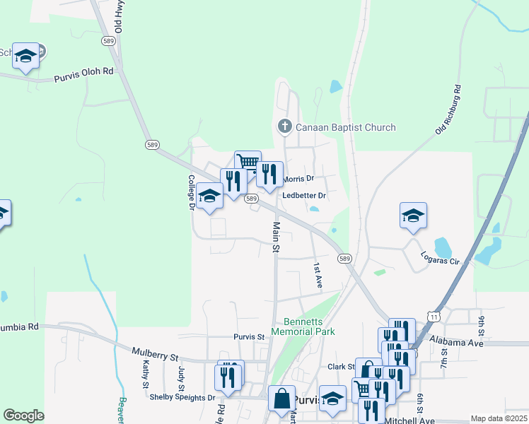 map of restaurants, bars, coffee shops, grocery stores, and more near 500-502 State Highway 589 in Purvis