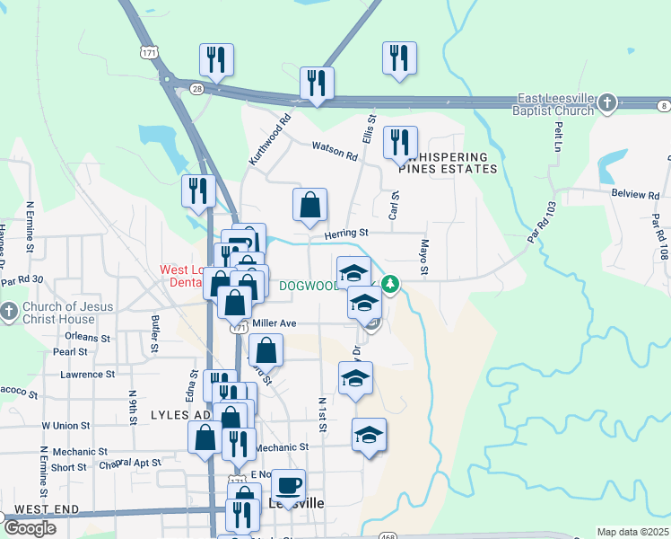 map of restaurants, bars, coffee shops, grocery stores, and more near 100 Ida Street in Leesville