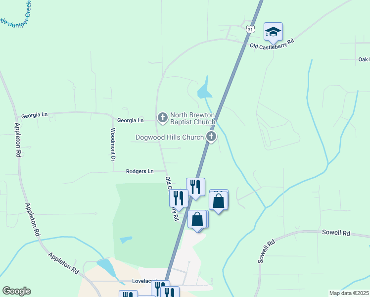 map of restaurants, bars, coffee shops, grocery stores, and more near Brentwood Ln in Brewton
