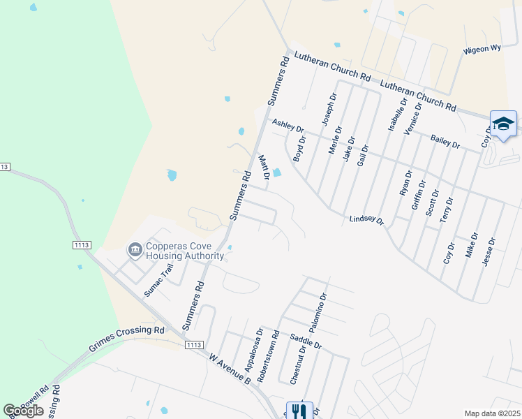 map of restaurants, bars, coffee shops, grocery stores, and more near 2913 Starlight Drive in Copperas Cove