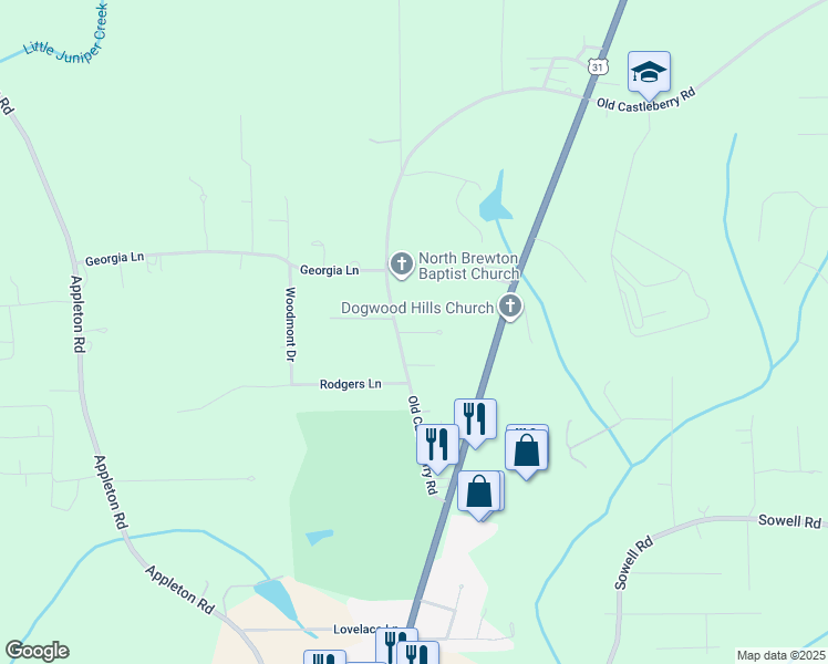 map of restaurants, bars, coffee shops, grocery stores, and more near Brentwood Lane in Brewton