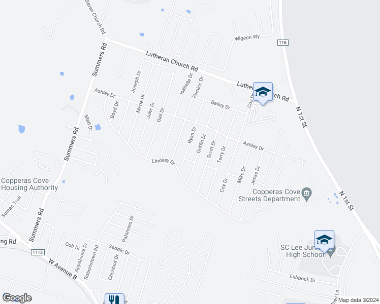 map of restaurants, bars, coffee shops, grocery stores, and more near 2106 Ryan Drive in Copperas Cove