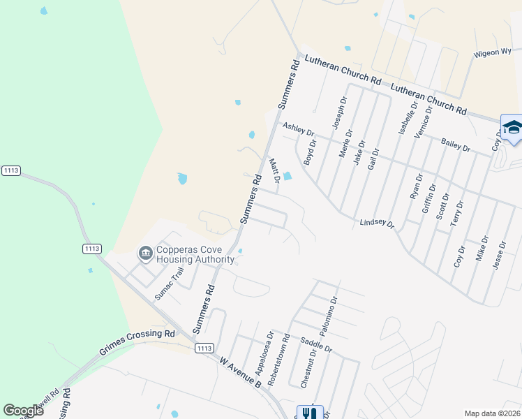 map of restaurants, bars, coffee shops, grocery stores, and more near 2919 Starlight Drive in Copperas Cove